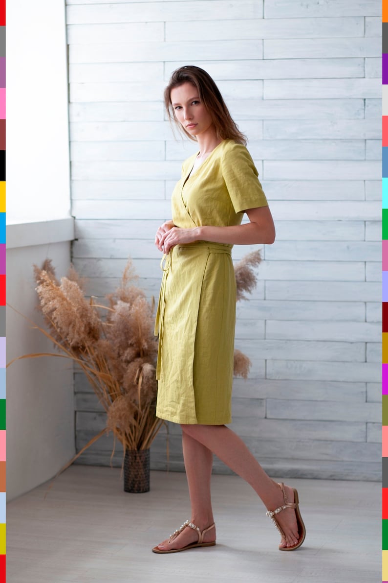 Yellow Linen Dress. Linen Wrap Dress. Bestseller Dress. Washed Linen Dress. Natural Linen Dress. 100% Pure Linen Italy image 2