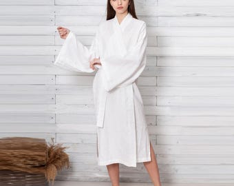Women's Long Robe. White Linen Kimono. Italian Flax Bridal Robes. Bridesmaid Clothes.