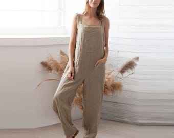 Natural Italian Linen Overalls: Double Washed Rompers, European Flax Jumpsuit