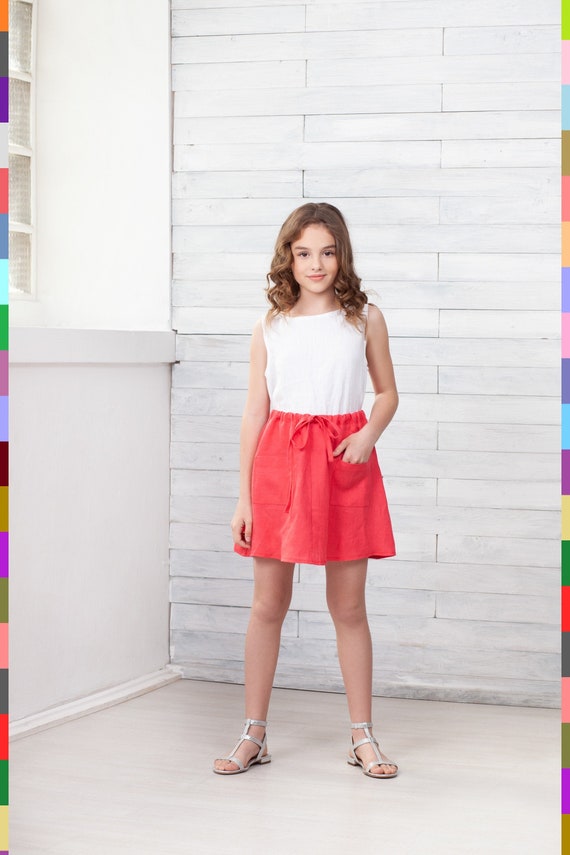 Jupe enfant corail. Jupe fille rouge. Jupe avec poches. Mini jupe enfant. 100 pur lin Italie Etsy Canada