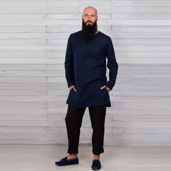 Natural Linen Shirt. Coastal Style. Smart Casual Men. Modern Menswear. Navy Flax T-Shirt.