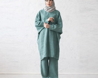 100% Italian Linen. Muslim Set. Modest Women's Outfit. Islamic Clothing. Arab Tunic & Pants.