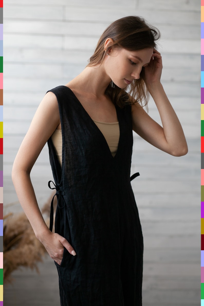 Sleeveless Romper. Loose Linen Overalls. Women Jumpsuit. Natural Italian Linen. image 4