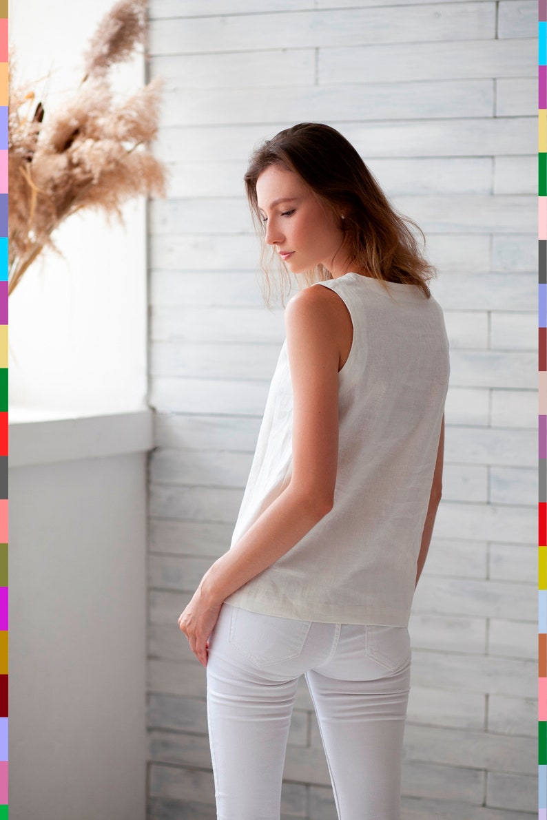 V-Neck Linen Top. White Flax Top. Linen T-Shirt. White Linen Tank. Basic Linen Top. 100% Pure Linen Italy image 2