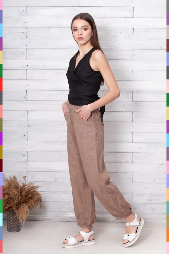 Brown Yoga Pants. Linen Women's Pants. Linen Woman Pants. Women