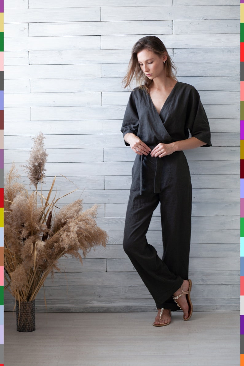 Wrap Linen Jumpsuit. Gray Flax Romper. Linen Jumper. Grey Romper With Belt. 100% Pure Linen Italy image 1