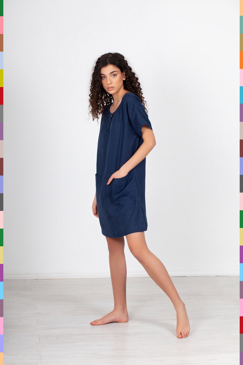 Navy Linen Tunic. Linen Top Dress. Blue Tunic Dress. Dress With Pockets. Linen Shirt Dress. 100% Pure Linen Italy image 2