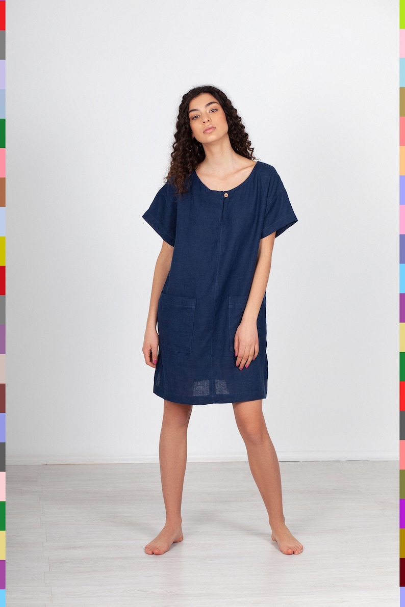 Navy Linen Tunic. Linen Top Dress. Blue Tunic Dress. Dress With Pockets. Linen Shirt Dress. 100% Pure Linen Italy image 1