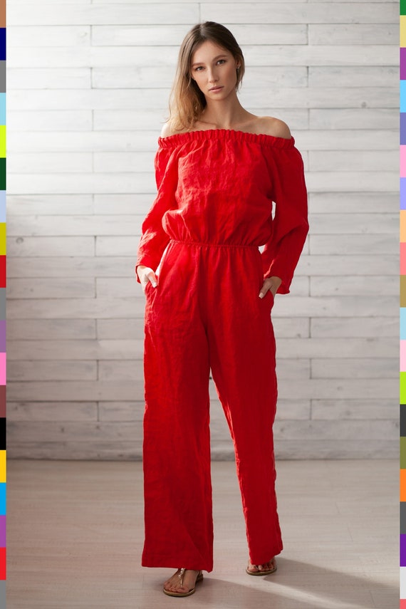 Off Shoulder Jumper. Linen Romper Women. Red Linen Jumpsuit. Casual Playsuit. Linen Overall. 100 Pure Linen italy Etsy UK