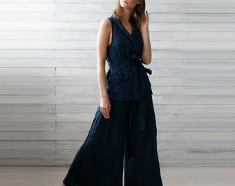 Top & Bottom Set. Sleeveless Kimono Robe. Linen Wide Pants. Pure European Linen.