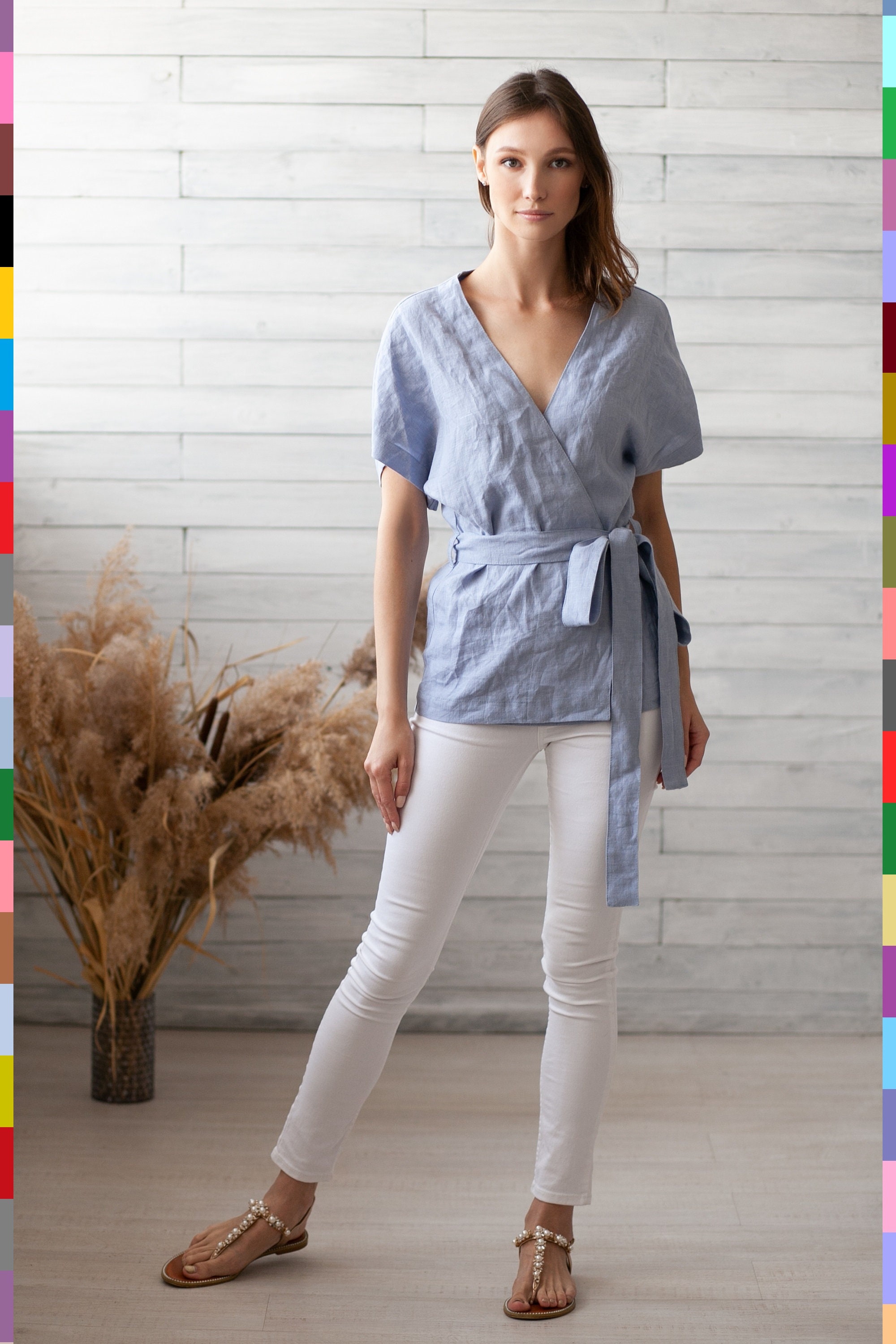 Light Blue Linen Top. Wrap Flax Blouse. Kimono Linen Top. Blue Etsy