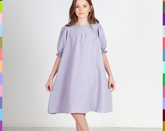 Kids Purple Light Linen Dress – Italian Flax, Soft, Double Stonewashed