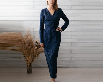 100% Italian Linen. Sexy Navy Dress. Dark Blue Dresses. Handmade Fitted  Wrap Dress - Etsy