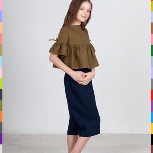 Khaki Kids Top. Girls Pocket Top. Kids Linen Clothes. Simple Kids Tunic. 100% Pure Linen Italy. image 2