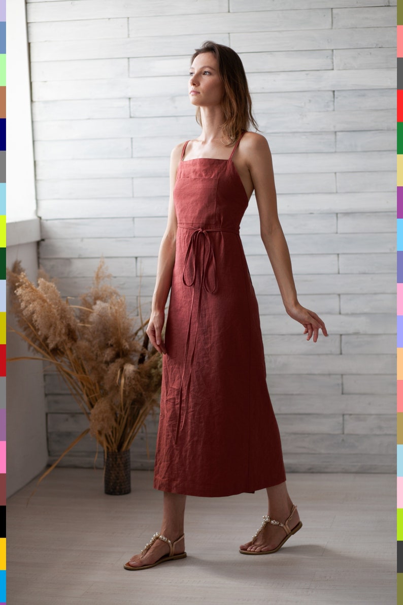 Terracotta Dress. Wrap Flax Dress. Cross Back Dress. Halter Dress. Pinafore Dress. 100% Pure Linen Italy image 1