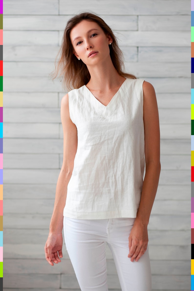 V-Neck Linen Top. White Flax Top. Linen T-Shirt. White Linen Tank. Basic Linen Top. 100% Pure Linen Italy image 1