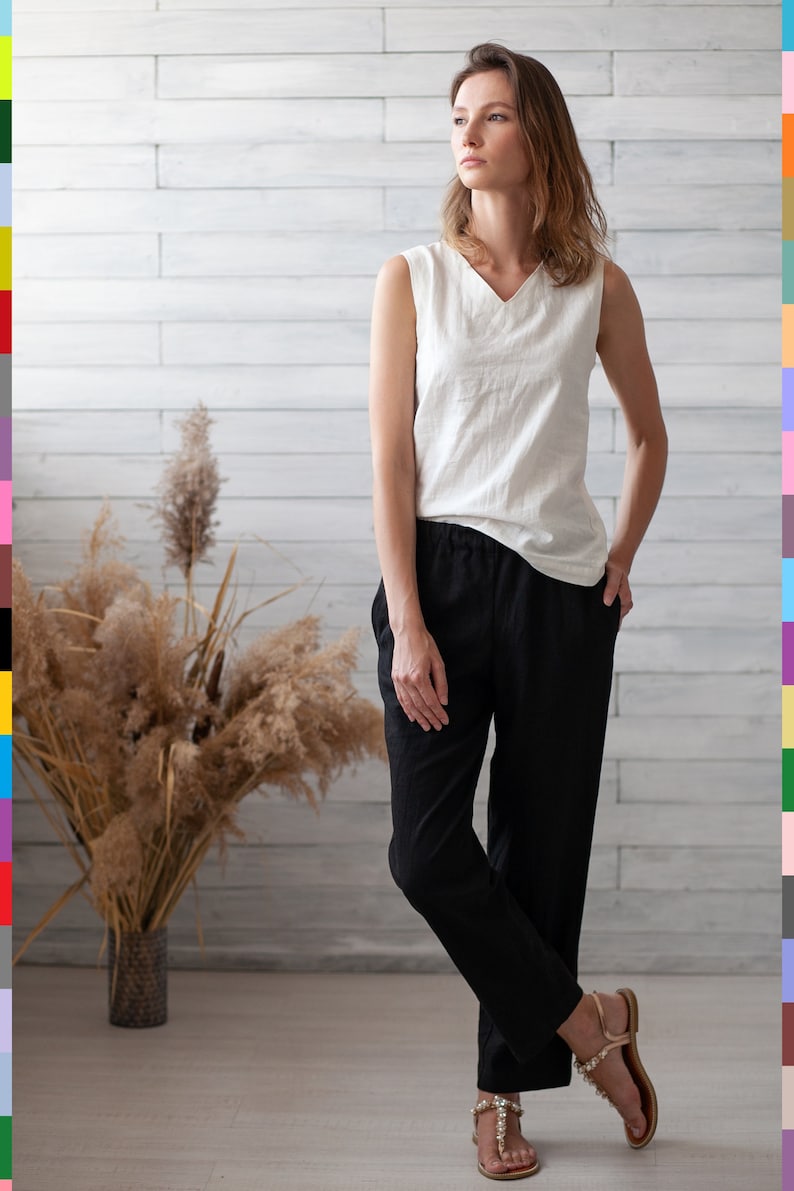 Linen Women Pants. Black Linen Pants. Flax Pants. Linen Trousers. Linen Capris. Basic Linen Pants. 100% Pure Linen Italy image 3