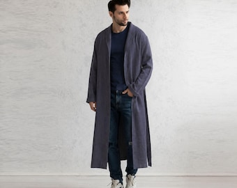 Fall Linen Robe Coat. Men’s Italian Flax Trench. Oversized Autumn Jacket. 24 Colors.