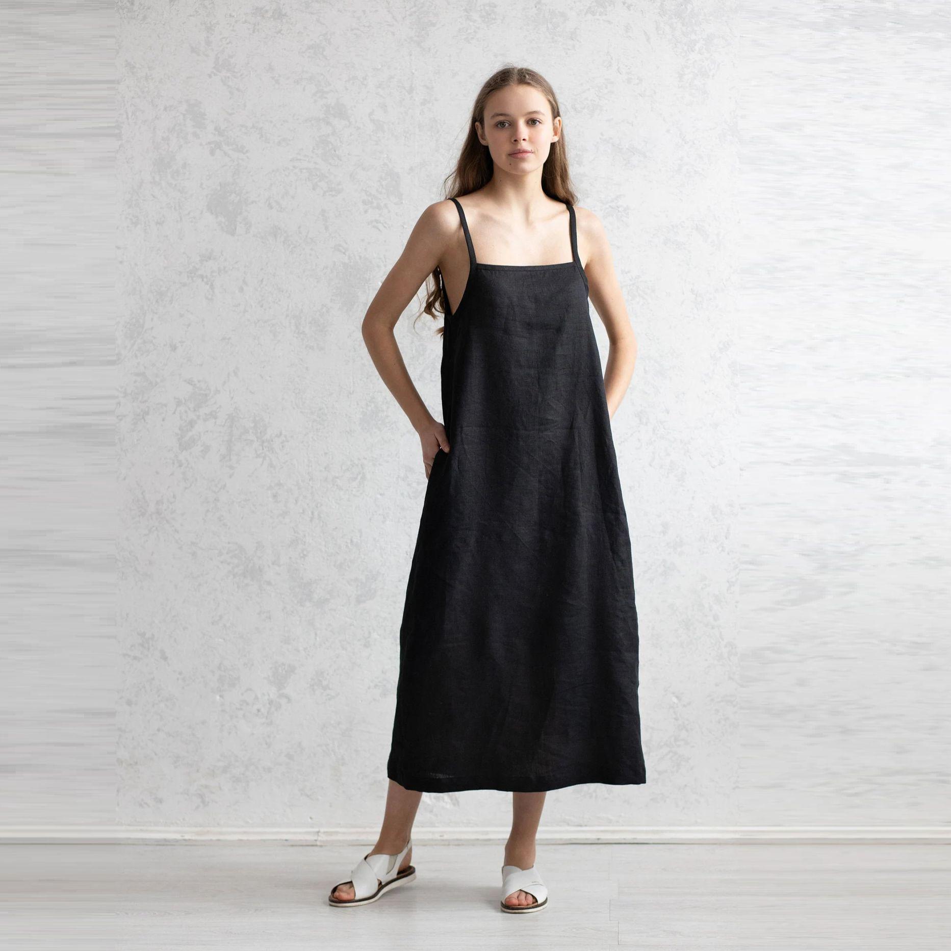 100% Italian Linen. Black Summer Dress. Backless Gown.