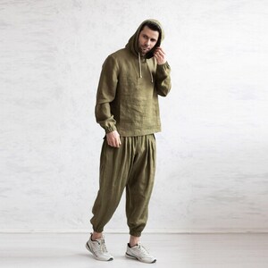 Men's Fitness Set With Hood. Two Piece Men Set. Hooded Sport Outfit. Linen Activewear.
