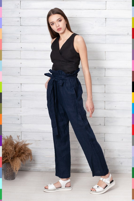 High Waist Pants. Paper Bag Pants. Navy Women Pants. Casual Women Pants.  Cocktail Pants. Women Office Pants. 100% Pure Linen italy. 