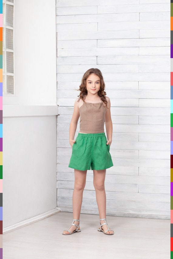 Green Kids Shorts. Summer Girls Shorts. Beach Girls Shorts. High Waist  Shorts. 100% Pure Linen italy 