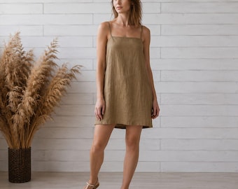 Vestido caqui de lino puro. Vestido de lino para salir. Tejido 100% orgánico italiano. Regalo para niñas.