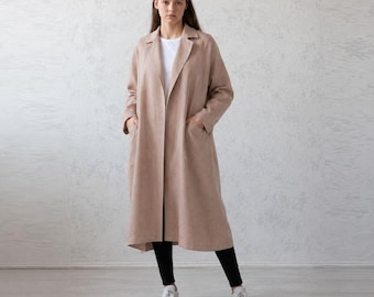 Flax Overcoat. Women Linen Duster. Loose Fall Jacket With Pockets. Autumn Longline Coat.
