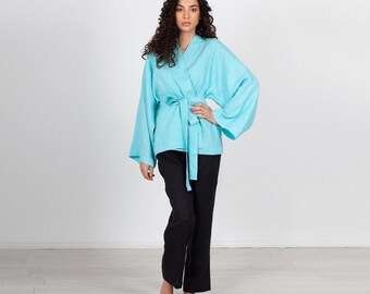 Linen Kimono Top. Italian Flax Jacket. Kimono Wrap Robe. Japanese Blouse. Belted Tops.
