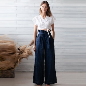 100% Italian Linen. Loose Trousers. Women's Leisure Pants. Navy Flax Pants. Wide Leg Trouser.