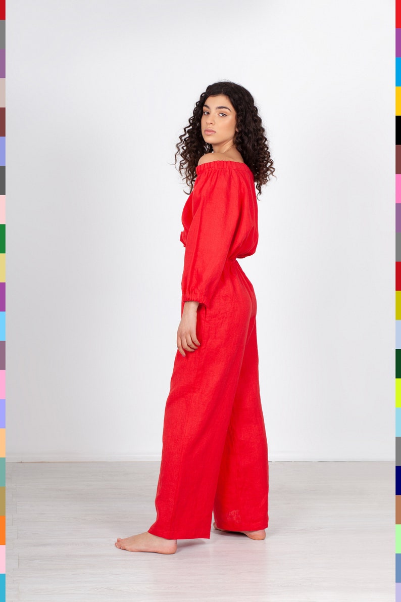 Red Linen Jumpsuit. Flax Jumpsuit. Linen Romper. Wide Leg Etsy