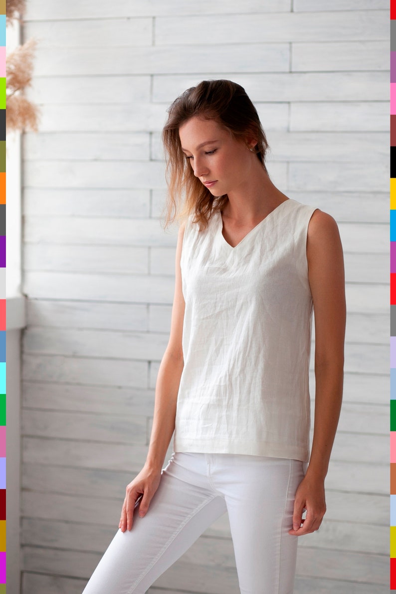 V-Neck Linen Top. White Flax Top. Linen T-Shirt. White Linen Tank. Basic Linen Top. 100% Pure Linen Italy image 3