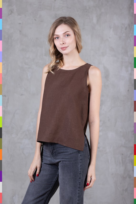 Camisetas Basicas de Mujer. Hermosas tapas. Top basico de lino. Camiseta de lino. Top de verano de lino. Tops de nina marrones. Camisetas marrones para adolescentes. 100 Lino Puro Italia Etsy Espana