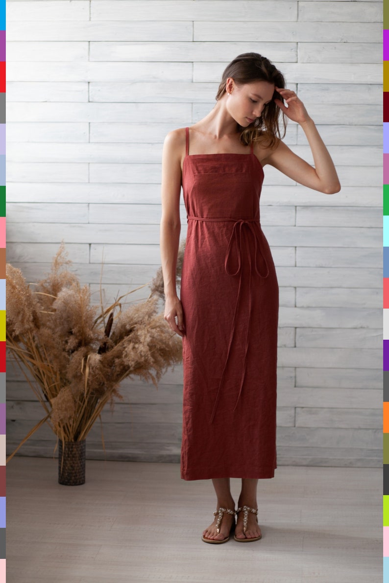 Terracotta Dress. Wrap Flax Dress. Cross Back Dress. Halter Dress. Pinafore Dress. 100% Pure Linen Italy image 2