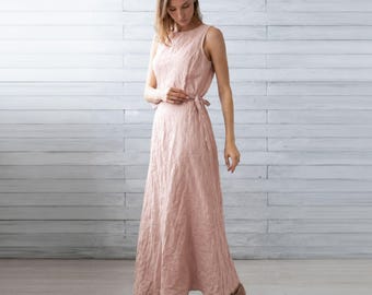 Salmon Linen Gown. Natural Flax Wrap Dress. Bridesmaid Gowns. Wedding Guest Dresses. Beach Wedding.