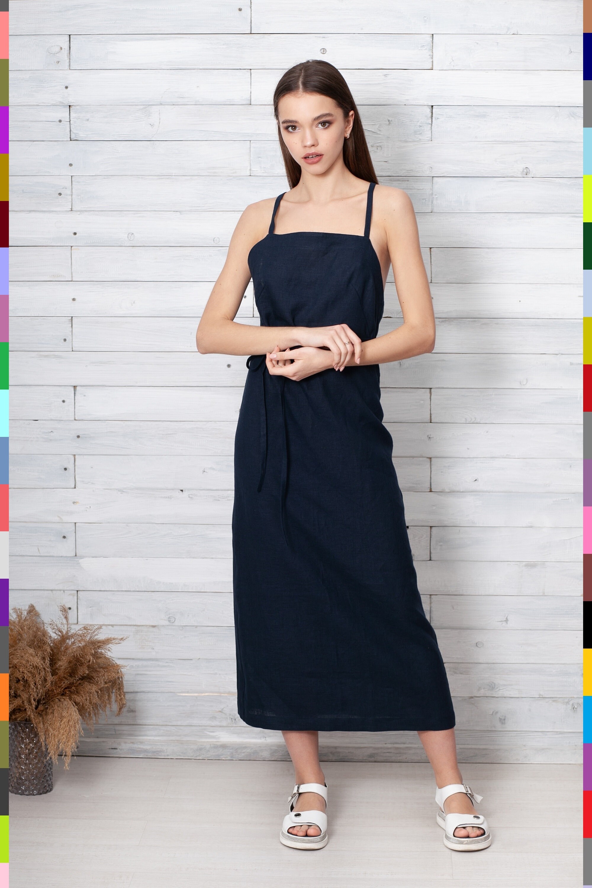 Blue Dark Cocktail Dress. Navy Linen 