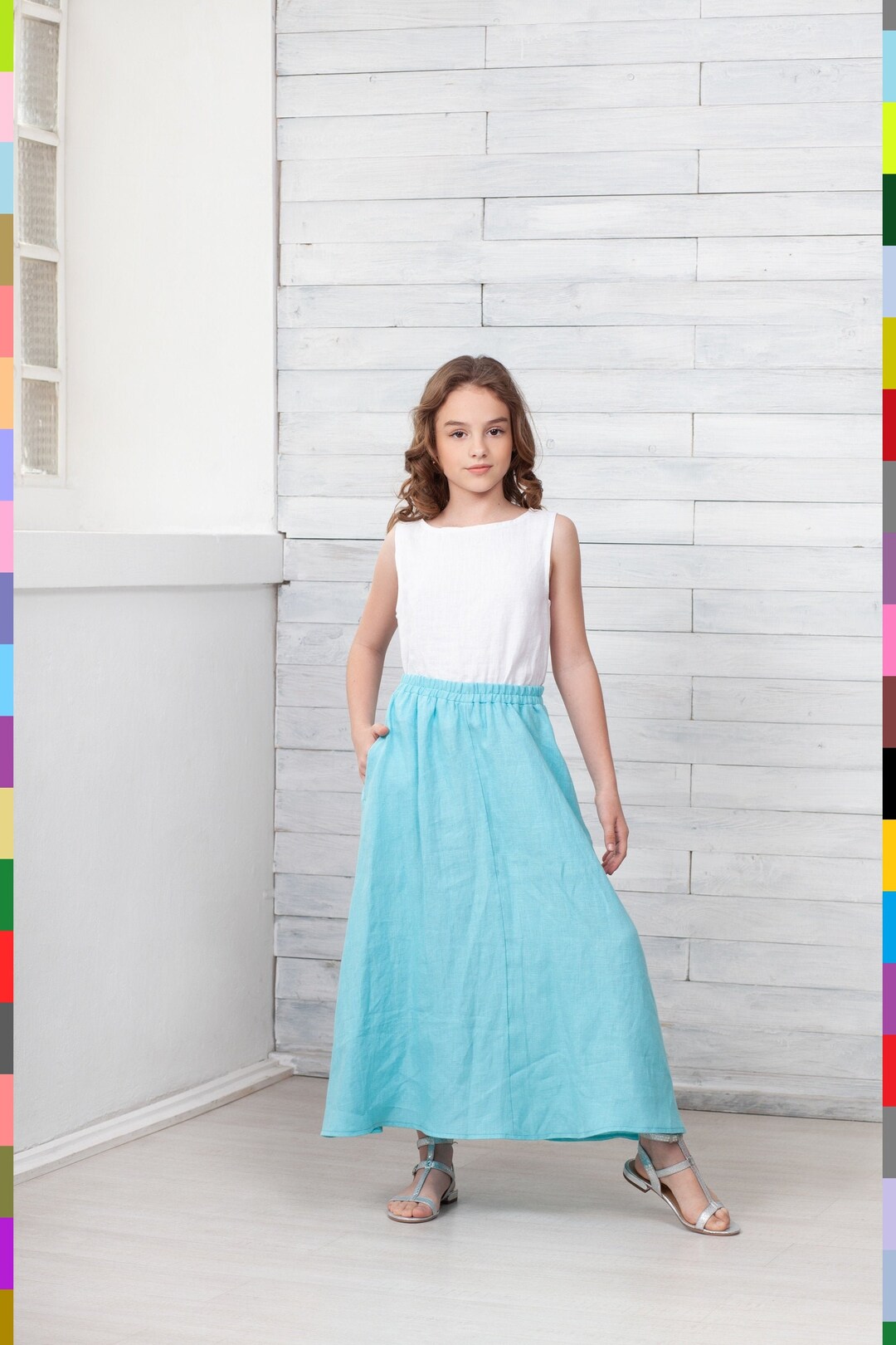 Kids Linen Skirt – Blue, Soft Italian Fabric, Handmade Summer