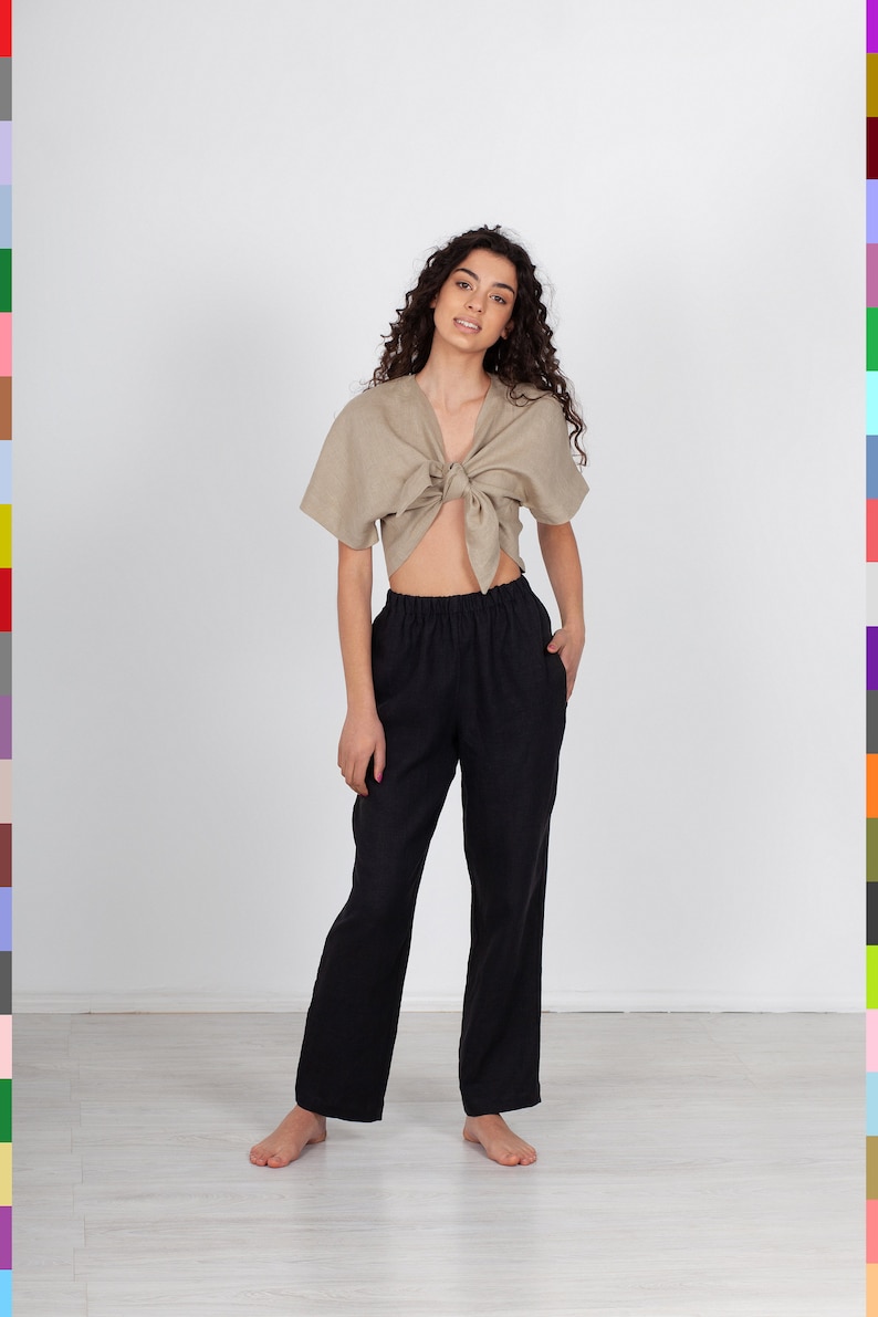 Crop top met strik aan de voorkant. Vlas stropdas top. Linnen korte blouse. Vlas gewasblouse. 100% puur linnen Italië afbeelding 1