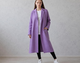 Longline Linen Cardigan. Women Autumn Duster. Oversized Flax Overcoat. Fall Coat With Pockets.
