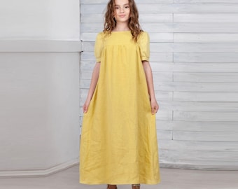 Yellow Linen Dress. Minimalist Kids Dress. Rustic Kid Dresses. Toddler Flax Clothing For Children.