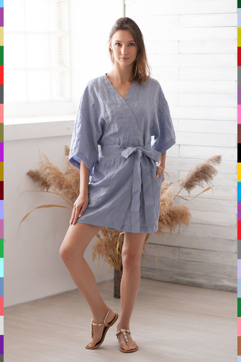 Blue Linen Robe. Flax Kimono. Linen Loungewear. Bathrobe Homewear. Wedding Robe. Bridesmaids Robe. 100% Pure Linen Italy image 2