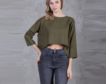 100% Italian Linen. Cropped Top. Women's Linen Blouse. Khaki Flax Tops. Open Stomach Shirt.