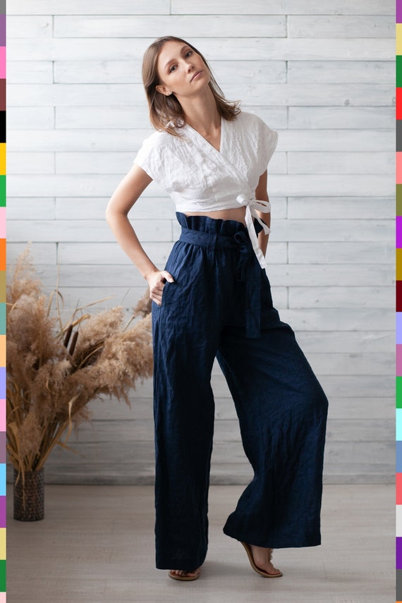 Wide Leg Pants. Palazzo Pants. Navy Linen Pants. Long Linen Pants