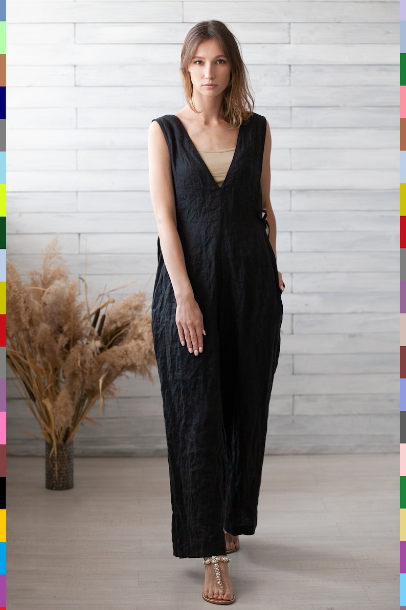 Sleeveless Romper. Loose Linen Overalls. Women Jumpsuit. Natural Italian Linen. image 3