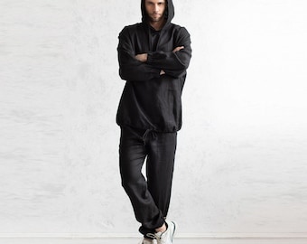 Men's Fitness Wear. Linen Activewear With Hood. Casual Active Set. Hooded Men Lounge Wear.