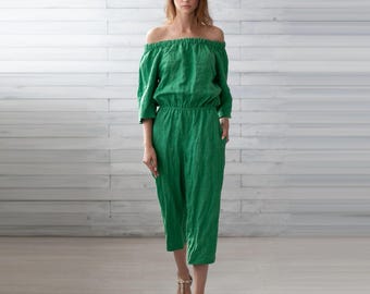 Open Shoulder Linen Jumpsuit. European Flax Clothes. Loose Overalls. Linen Romper Dress.