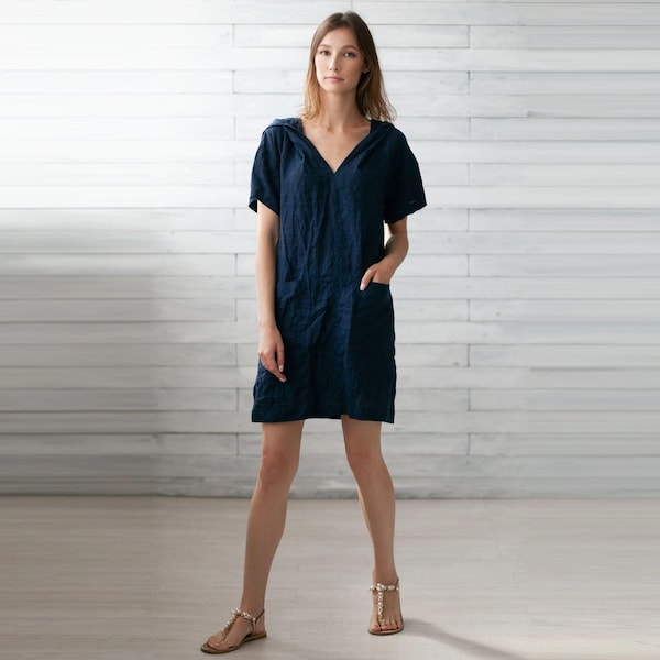 Hooded Linen Dress. Navy Tunica. Tunic Women. Dress With Hood. OEKO TEX Natural.