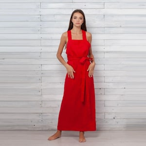 100% Italian Linen. Red Linen Dress. Flax Clothing. Square Neck. Resort Wear. European Linens.