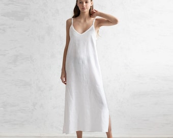 100% Italian Linen. White Dress. Elegant Simple. Breathable Linen. Flax Slip Dresses. Capsule Wardrobe.