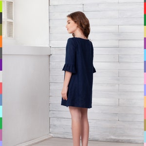 Navy Blue Dress. Flutter Sleeve Dress. Summer Girls Dress. Dress With Flounces. Kids Linen Clothing. 100% Pure Linen Italy. image 3